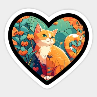 Fancy And Fine Flowered Orange Cat Heart Garden Design Sticker